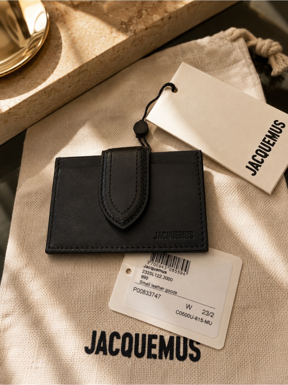 New with Tag Jacquemus Black Leather Card Holder with Snap Closure & Dust Bag
